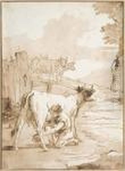 Garcon En Train De Traire Une Vache Oil Painting by Giovanni Domenico Tiepolo