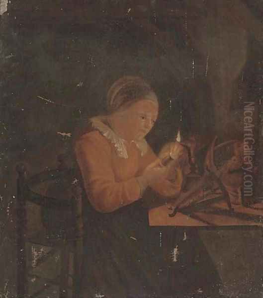 A lady sewing by candlelight Oil Painting by Godfried Schalcken