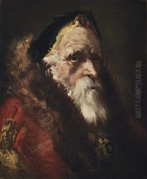 Head Study Of A Bearded Man, In A
 Green Hat With A Brooch And A Fur-trimmed Red Mantle With A Jewelled 
Buckle Oil Painting by Giovanni Domenico Tiepolo