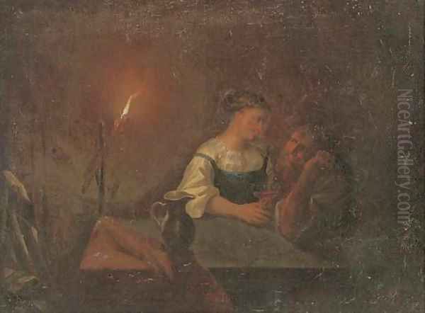 A couple drinking in an interior by candlelight Oil Painting by Godried Schalken