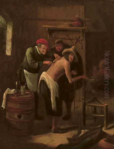 A quack operating on a peasant's back in an interior Oil Painting by Jan Steen