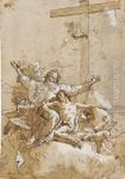 God The Father With Angels By The Crucified Christ Oil Painting by Giovanni Domenico Tiepolo