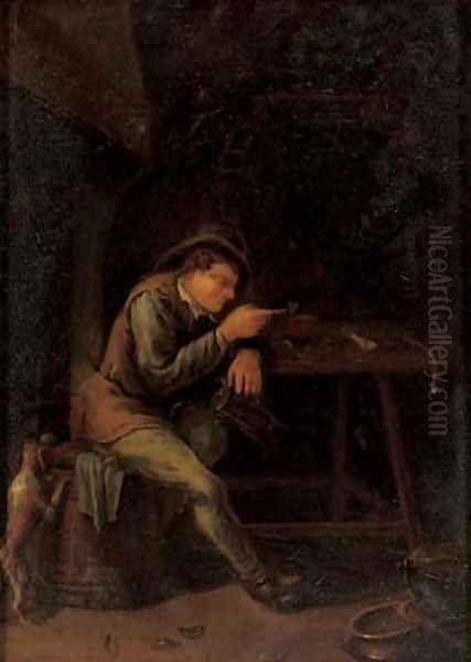 A peasant smoking a pipe in an interior with a dog Oil Painting by Jan Steen