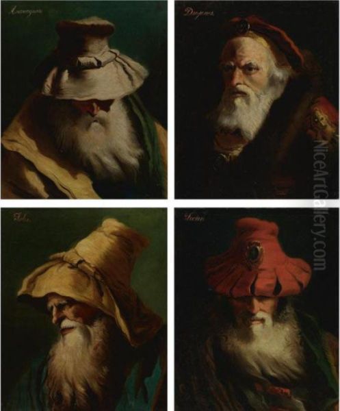 Head Studies Of Three Greek Philosophers, 
Anaxagoras, Thales, And Diogenes,
 And One Greek General, 
Phocion Oil Painting by Giovanni Domenico Tiepolo