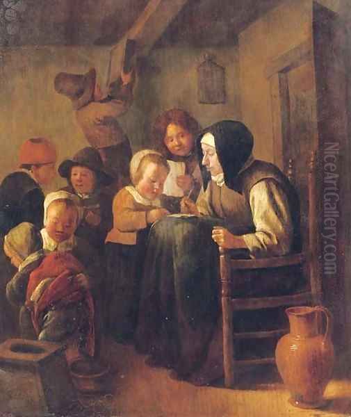 A woman teaching children to read and write in an interior Oil Painting by Jan Steen