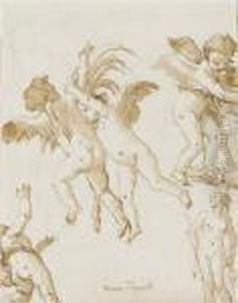 Five Putti Playing Together And A Statue Of A Nude Female Figure Oil Painting by Giovanni Domenico Tiepolo