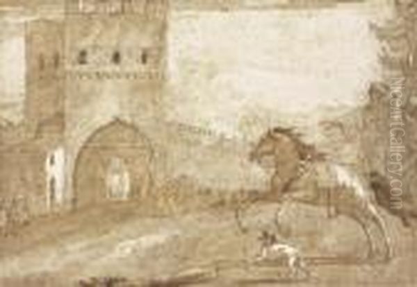 A Riderless Horse Galloping In 
Front Of A Fortified Tower, A Punchinello Lying On The Ground In The 
Distance Oil Painting by Giovanni Domenico Tiepolo