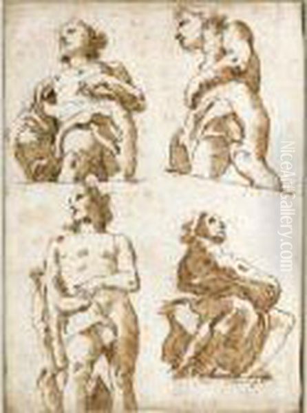 Four Partially Draped Allegorical Figures Seen From Below Oil Painting by Giovanni Domenico Tiepolo