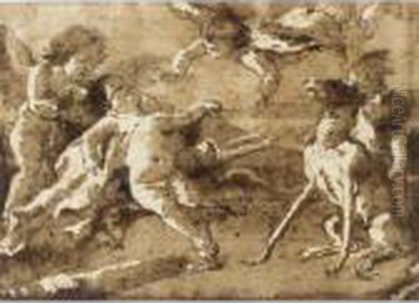 Cupid In A Landscape With Three Winged Putti And A Dog Oil Painting by Giovanni Domenico Tiepolo