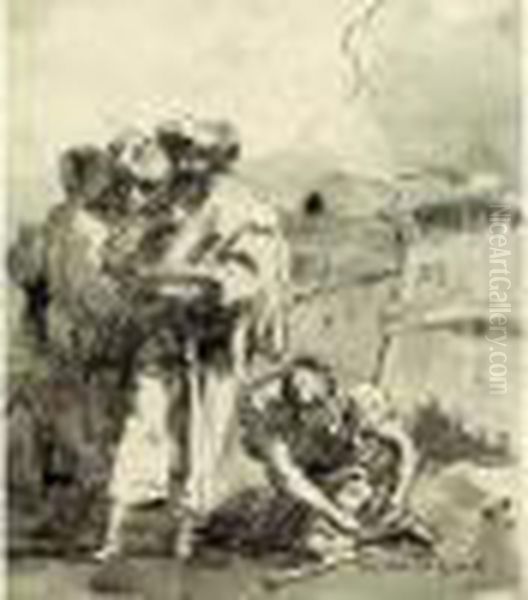 Quatre Personnages Au Pied D'une Fortification Oil Painting by Giovanni Domenico Tiepolo