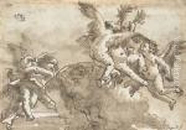 Putti Playing With A Crown Of Laurels, Cupid Blindfolded To Theleft Oil Painting by Giovanni Domenico Tiepolo