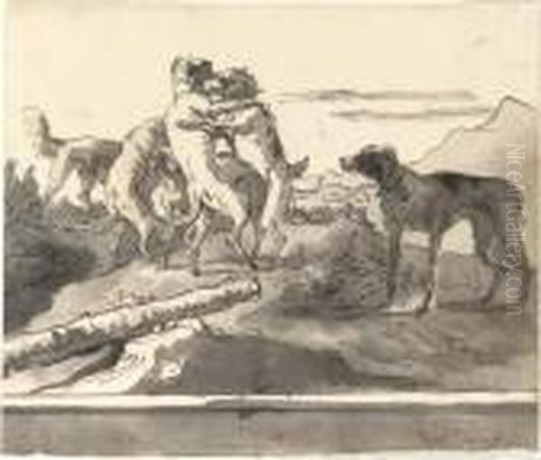 Dogs Playing In A Landscape Oil Painting by Giovanni Domenico Tiepolo