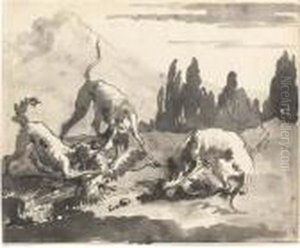 Dogs Attacking Chickens In A Landscape Oil Painting by Giovanni Domenico Tiepolo