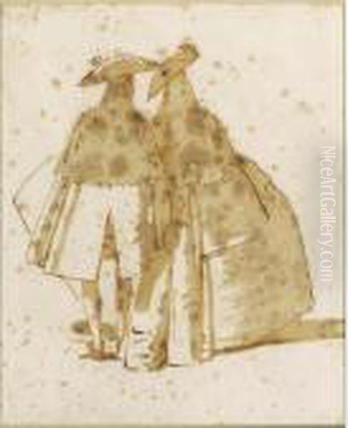 Two Cloaked Figures Seen From The Rear Oil Painting by Giovanni Domenico Tiepolo