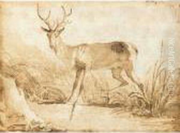 A Stag By A Riverbank Oil Painting by Giovanni Domenico Tiepolo