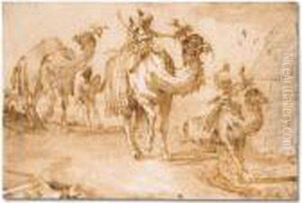 Orientals Riding Camels Near A Pyramid Oil Painting by Giovanni Domenico Tiepolo