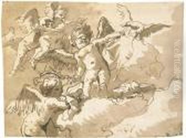 A Blindfolded Putto Standing On A Cloud With Other Putti And Aneagle Oil Painting by Giovanni Domenico Tiepolo