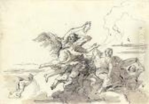 An Angel With A Victor's Crown 
In The Clouds, Putti, A Young Coupleand Another Figure Offering A Dish Oil Painting by Giovanni Domenico Tiepolo