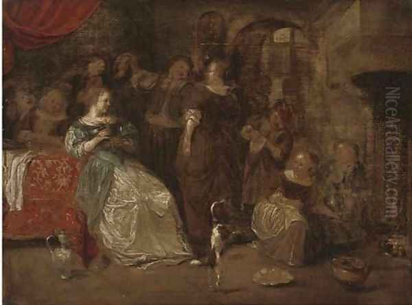 Elegant company merrymaking and playing music in an interior Oil Painting by Jan Steen