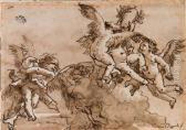 Blindfolded Cupid And Flying Putti Playing With A Laurelcrown
Signed 'domo. Tiepolo F' And Numbered '110' Oil Painting by Giovanni Domenico Tiepolo