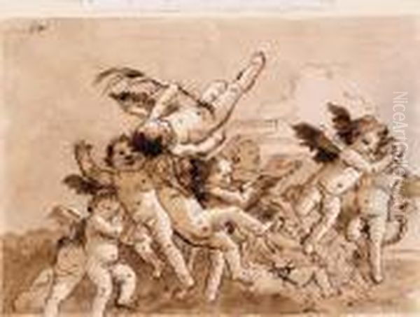 Angels In Flight, One Holding A Palm Oil Painting by Giovanni Domenico Tiepolo