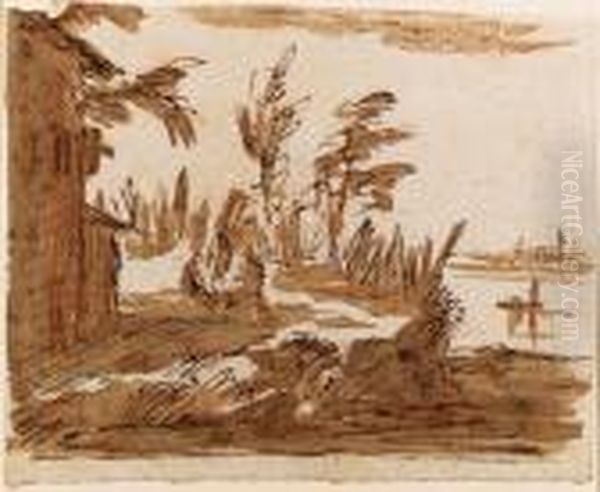 A View Of The Lagoon With Three Figures By A House, Venice In Thebackground Oil Painting by Giovanni Domenico Tiepolo