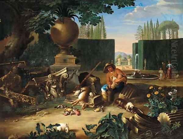 A formal garden with a hunter and his dog resting beside classical ruins, figures and dogs beyond by Pieter Snyers