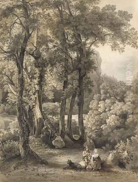 A seated couple and their dog in a glade Oil Painting by Friedrich Salathe