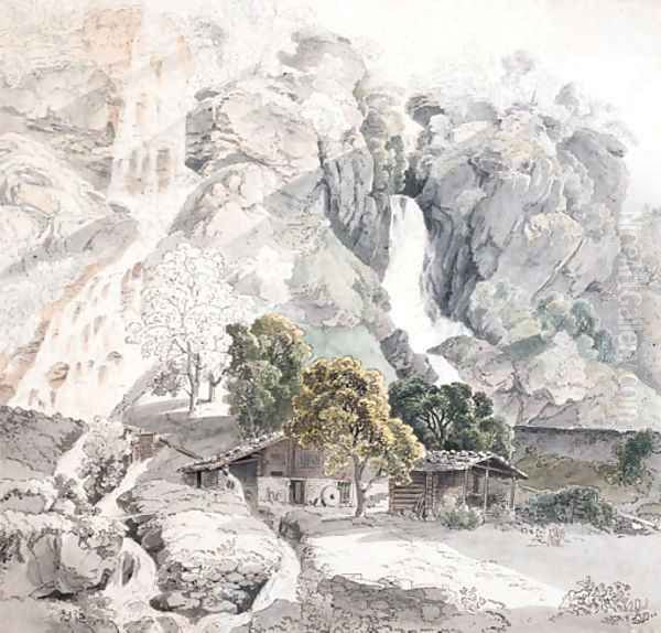 A Swiss farm at the foot of two waterfalls Oil Painting by Friedrich Salathe