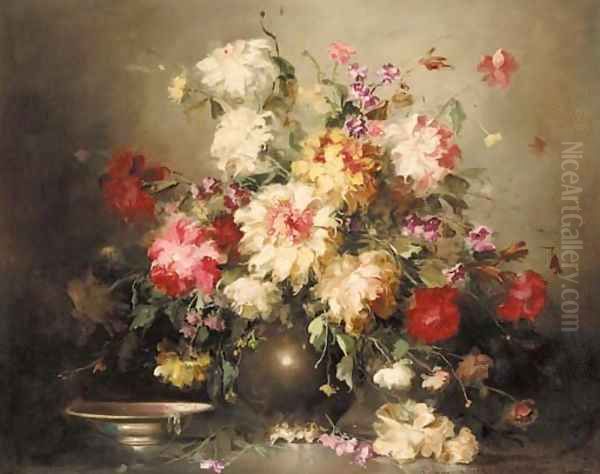 Mixed flowers in a vase by a bowl on a ledge Oil Painting by Hungarian School