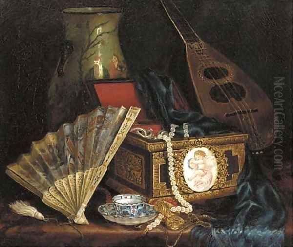 A Jewellery Box, A Fan, An Oriental Vase ,A Mandolin And A Cup And Saucer On A Table Oil Painting by Hungarian School