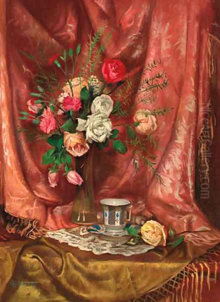 A vase of flowers and a cup and saucer on a draped table Oil Painting by Hungarian School