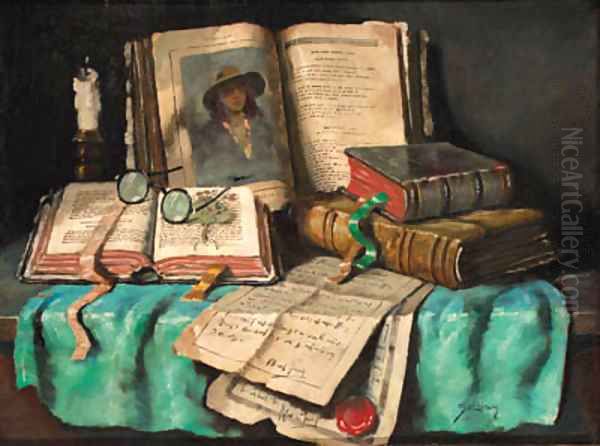 Books and letters on a table Oil Painting by Hungarian School