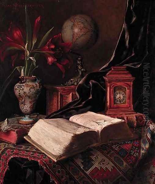 A globe, a vase of amaryllis, a book and a carriage clock on an oriental rug Oil Painting by Ignaz Schonbrunner