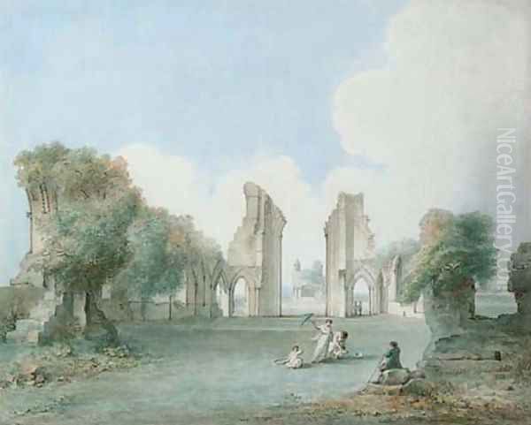 Lady with a parasol and children enjoying an afternoon in the ruins of Glastonbury Abbey Oil Painting by Jan Sanders