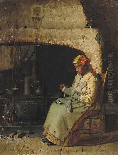 Darning by the Hearth Oil Painting by William Henry Snyder