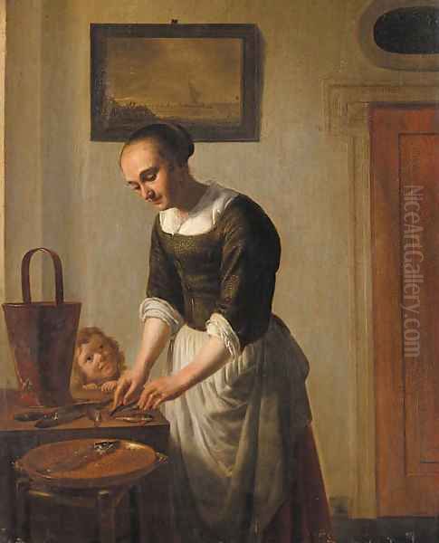 A woman filleting fish watched by a child Oil Painting by Abraham van, I Strij