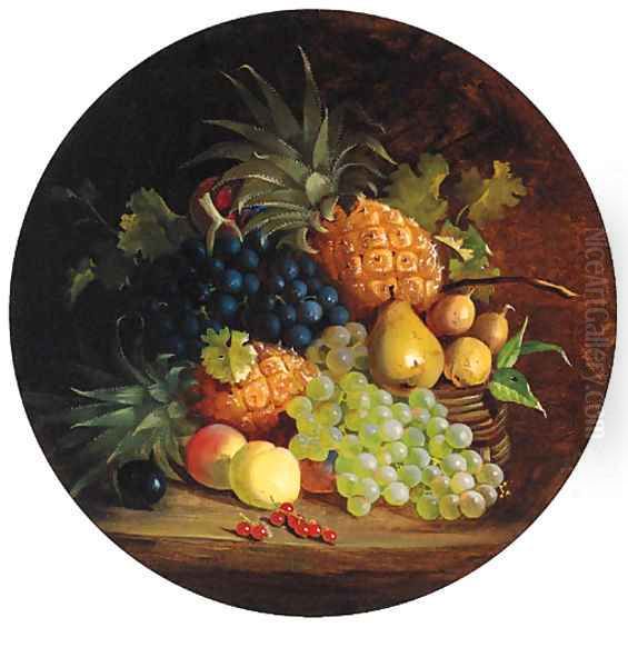 Grapes, Pears, Apples, Redcurrants And Pineapples In A Wicker Basket, On A Table Oil Painting by Eloise Harriet Stannard