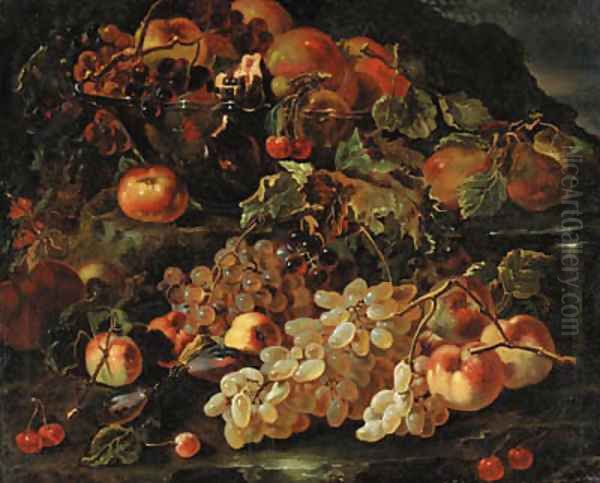 Grapes, apples and pomegranates in a glass bowl with other fruit on a rocky bank Oil Painting by Giovanni Paolo Spadino