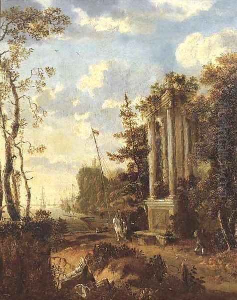 A wooded coastal landscape with travellers by a classical fountain Oil Painting by Jan Gabrielsz. Sonje