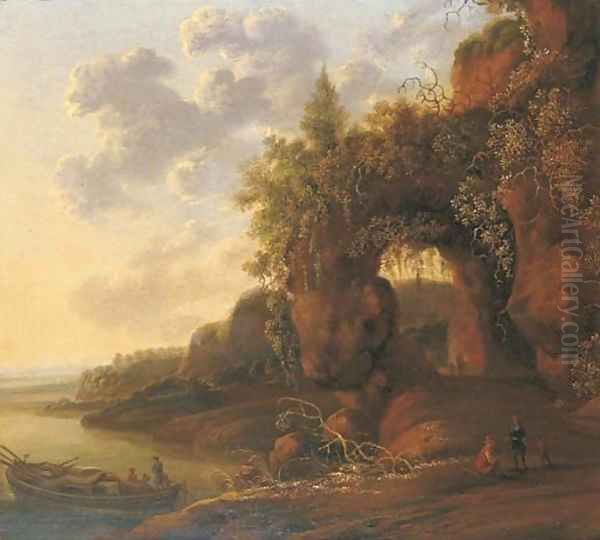 A mountainous river landscape with travellers on a path in the foreground by a moored boat Oil Painting by Jan Gabrielsz. Sonje