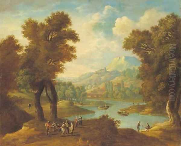 A rocky wooded landscape with peasants conversing on a track Oil Painting by Mathys Schoevaerts