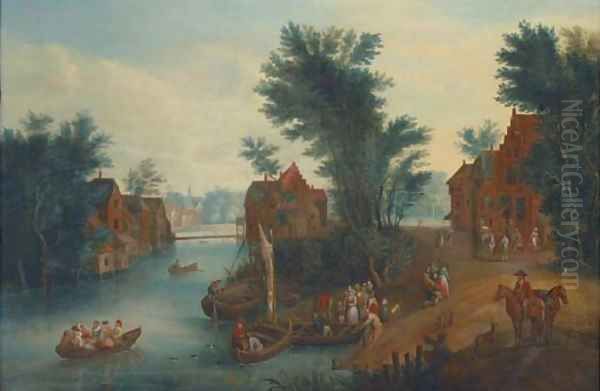 A village landscape with elegant company in ferries crossing a river Oil Painting by Mathys Schoevaerts