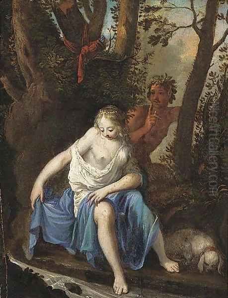 Diana bathing with a satyr looking on Oil Painting by Nicolas Van Schoor