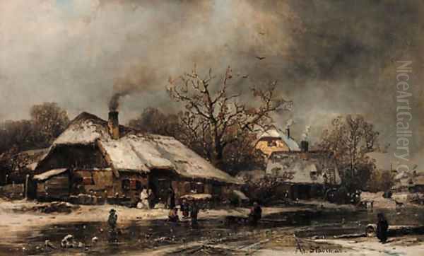 A frozen village in winter Oil Painting by Adolf Stademann