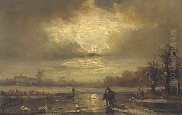 Skaters on a moonlit river Oil Painting by Adolf Stademann