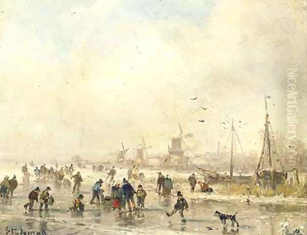 Skaters on the ice, Holland Oil Painting by Adolf Stademann