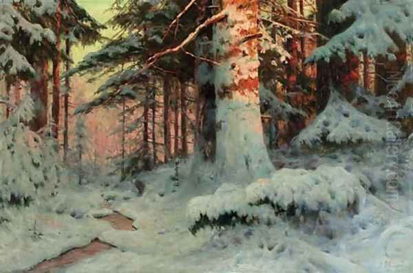 Winter Sunlight in the evergreen Forest Oil Painting by Andrei Nikolaevich Shilder