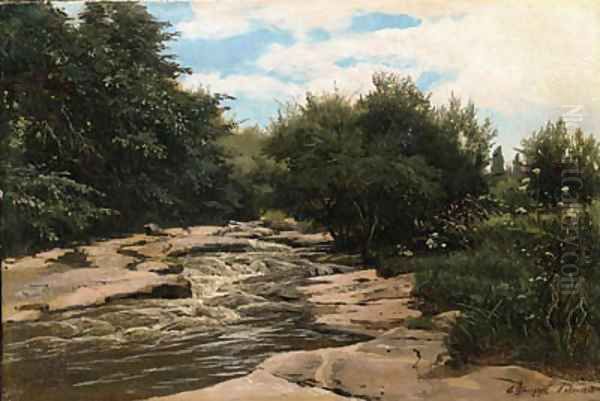 River running through a wooded Grove Oil Painting by Andrei Nikolaevich Shilder