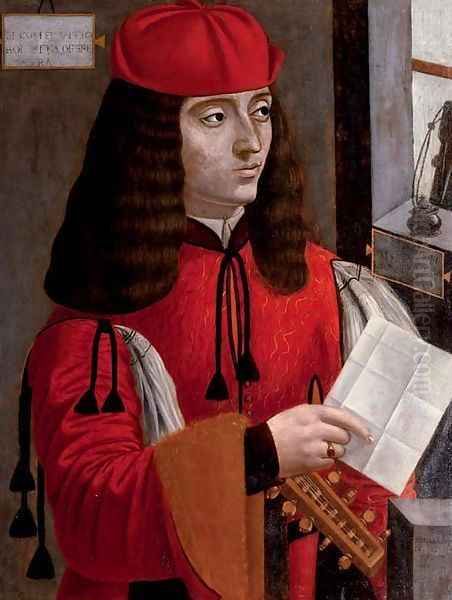 Portrait of a gentleman in a red coat and cap holding a lute and a letter Oil Painting by Milanese School